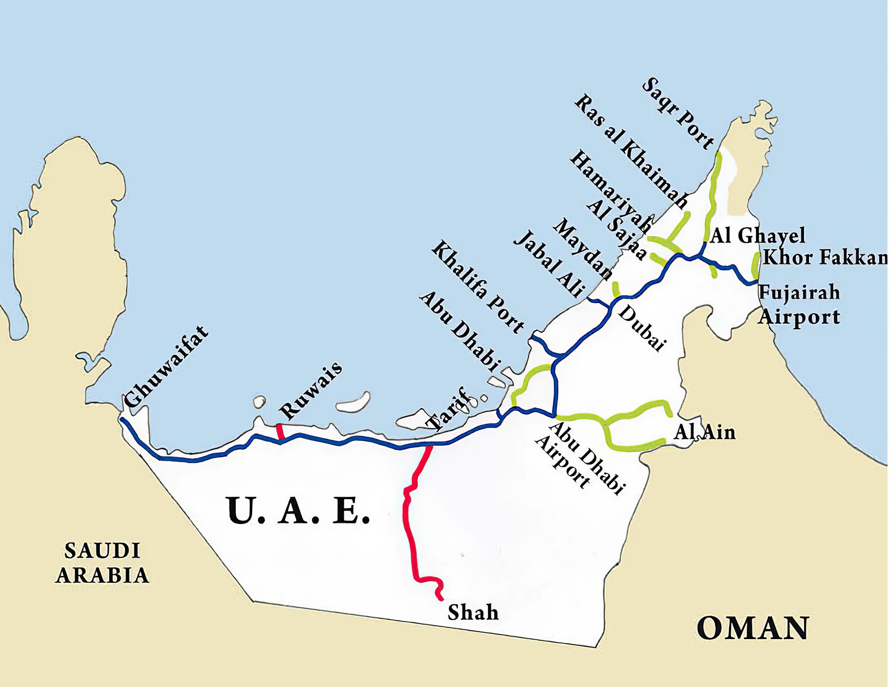 Map of the UAE railway network, running from Ghuweifat on the Saudi border along the coast through Ruwais, Abu Dhabi, Khalifa Port and Jebel Ali to Dubai, then east to Sharjah, Al Ghayel, Khor Fakkan and Fujairah, with the Shah to Habshan freight line inland and studied extensions to Al Ain and the northern emirates.